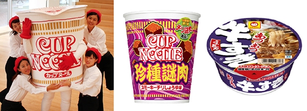 일본 즉석면 시장에서 판매 1위 기업인 닛신식품 마스코트(왼쪽부터)와 신제품, 2위 도요수산 신제품. 사진=닛신식품·도요수산 홈페이지