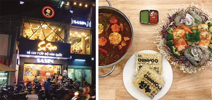 베트남 요식업 브랜드 ‘사신(sasin, 매장 전경)’에서 인기리에 판매하고 있는 ‘한국식 매운 라면’(오른쪽).사진=사신 페이스북