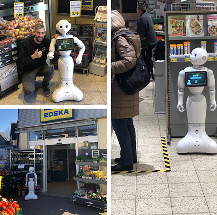 소프트뱅크 로보틱스의 독일 파트너사인 엔트리 로보틱스(Entry Robotics)는 페퍼를 독일 슈퍼마켓 체인인 이디커(EDEKA)에 배치했다. 페퍼는 매장을 방문한 손님에게 마스크 착용과 매장내 사회적 거리두기에 대해 안내하고 있다.사진=소프트뱅크 로보틱스 홈페이지
