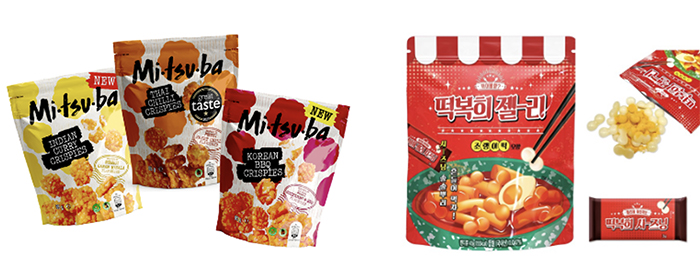 네덜란드 미츠바(Mitsuba)의 ‘코리안 바비큐 맛 쌀과자’(왼쪽)와 혁신적인 신제품을 선정된 에스디푸드의 ‘떡복희 젤리’. 사진=ISM 홈페이지