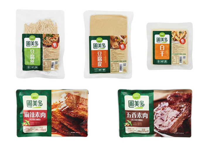풀무원이 중국에서 판매 중인 푸메이뚜어식품 가공두부 5종. (사진 왼쪽 시계방향으로) 두부사, 두부피, 백간, 마라소육, 오항소육. 사진=풀무원 제공
