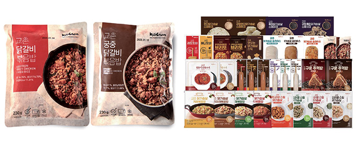 교촌에프앤비가 지난 2019년 3월 출시한 닭갈비 볶음밥 HMR 제품(왼쪽)과 닭가슴살 전문 브랜드 ‘허닭’와 업무협약을 맺고 출시한 HMR 제품들.