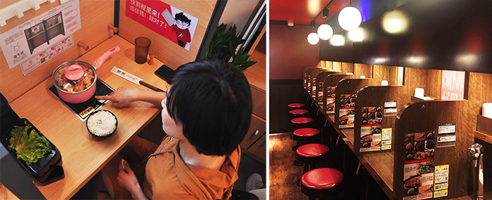 일식일의 1인용 좌석 모습(왼쪽)과 일본 3대 라멘 맛집 중 한 곳인 이치란(一蘭)라멘집 내부 모습. 1인 고객 대상으로  좌석이 칸막이로 돼 있다. 사진=이치란 홈페이지