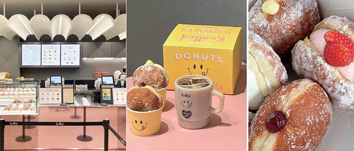 도넛을 하루에 3만 개 판매하며 도넛 열풍에 영향을 미친 카페 ‘노티드’. 사진은 여의도 IFC몰점 매장 전경. 호두크림치즈도넛과 블루베리크림치즈도넛(가운데).